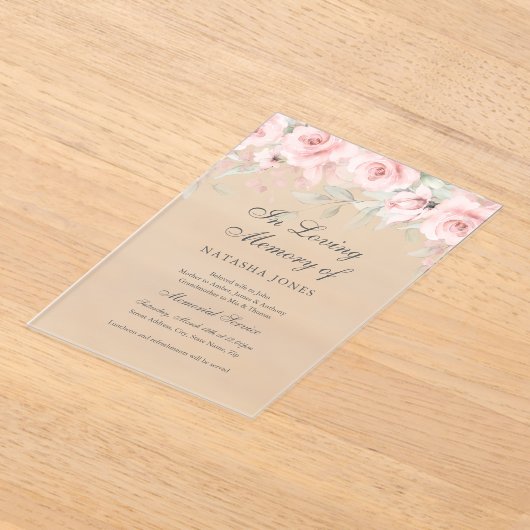 Frosted Floral Butterfly Pink Memorial Service Acryl Uitnodigingen (Laagn)