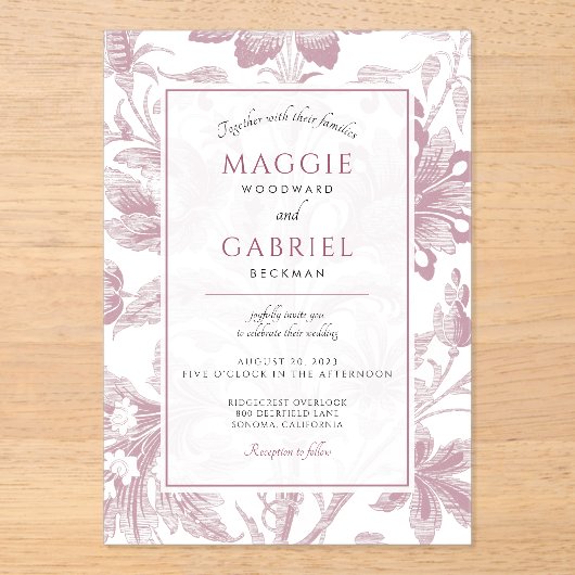 Frosted Floral Dusty Pink Wedding Acryl Uitnodigingen (Voorkant)