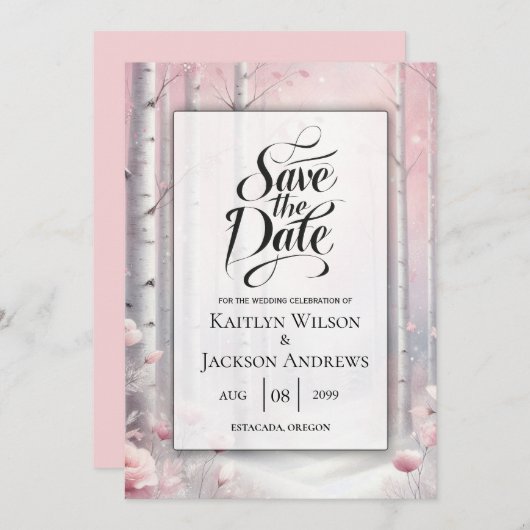 Frosted Petals in a Winter Woodland Wedding Save The Date (Voorkant / Achterkant)