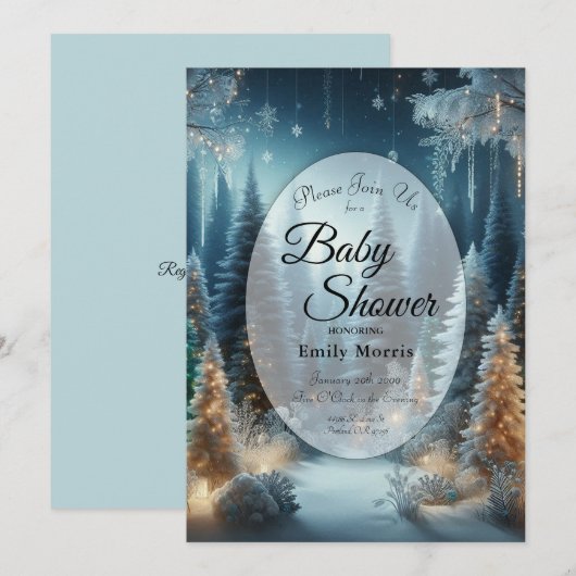 Frosted Pines in Winter Glow Baby shower Kaart (Voorkant / Achterkant)