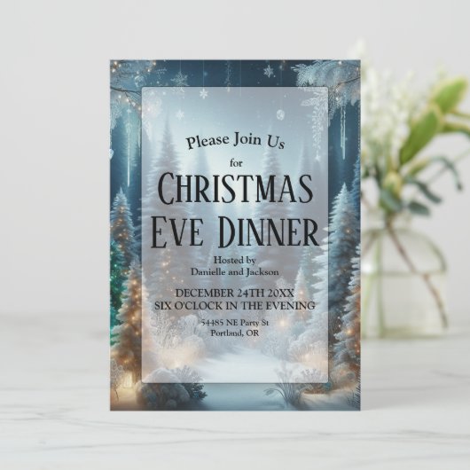 Frosted Pines in Winter Glow Kerstavond Diner Kaart (Staand voorkant)