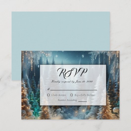 Frosted Pines in Winter Glow Wedding RSVP Kaartje (Voorkant / Achterkant)