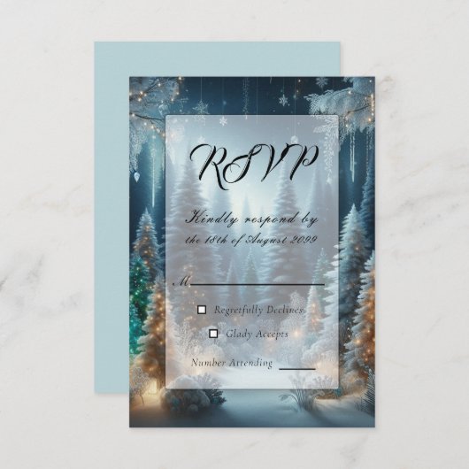 Frosted Pines in Winter Glow Wedding RSVP Kaartje (Voorkant / Achterkant)