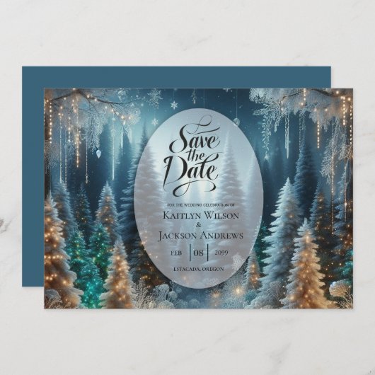 Frosted Pines in Winter Glow Wedding Save The Date (Voorkant / Achterkant)