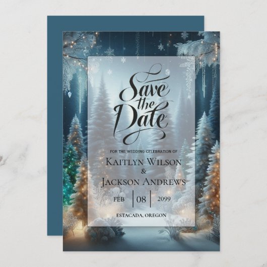 Frosted Pines in Winter Glow Wedding Save The Date (Voorkant / Achterkant)