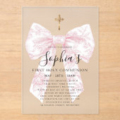 FROSTED Pink Toile Bow Cross Girl First Communion Acryl Uitnodigingen (Voorkant)