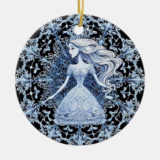Frosted Princess omgeven door ingewikkelde sneeuwv Keramisch Ornament (Voorkant)