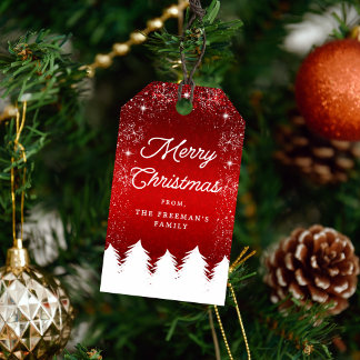 Frosted Red & White Merry Christmas Holiday Cadeaulabel