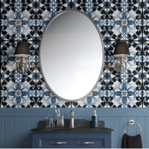 Frosted Regal Bloom Blauw Wit Zwart Traditioneel Behang