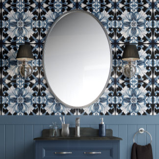 Frosted Regal Bloom Blauw Wit Zwart Traditioneel Behang