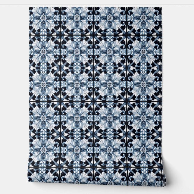 Frosted Regal Bloom Petite - Blauw, Wit, Zwart Behang (Afrollen)
