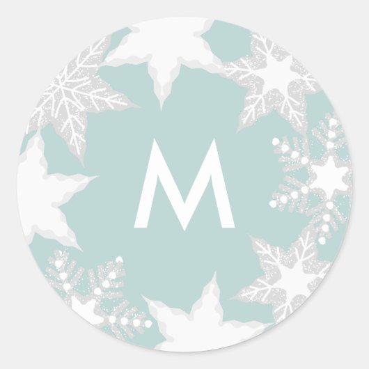 Frosted Sneeuwvlokken Lichtblauw Monogram Vakantie Ronde Sticker (Voorkant)