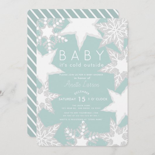 Frosted Snowflakes Blue Winter Baby shower Kaart (Voorkant / Achterkant)