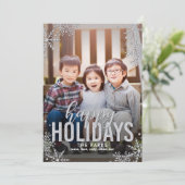 Frosted Snowflakes Holiday Photo Card Silver Feestdagenkaart (Staand voorkant)