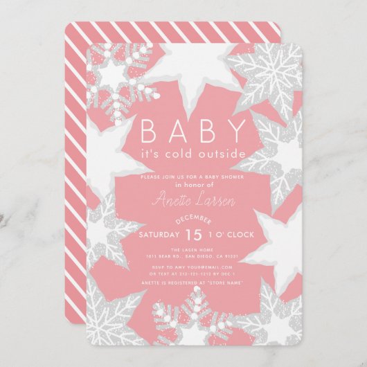 Frosted Snowflakes Roze Winter Baby shower Kaart (Voorkant / Achterkant)