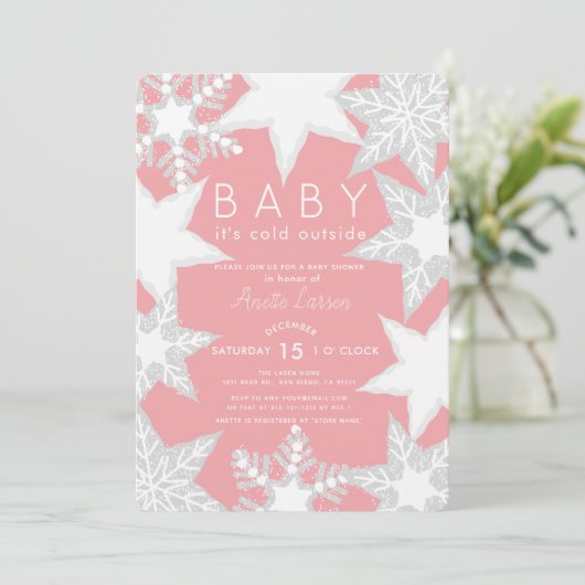 Frosted Snowflakes Roze Winter Baby shower Kaart (Staand voorkant)