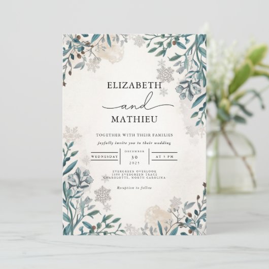 Frosted Spruce Botanische Winter Wedding Kaart (Staand voorkant)