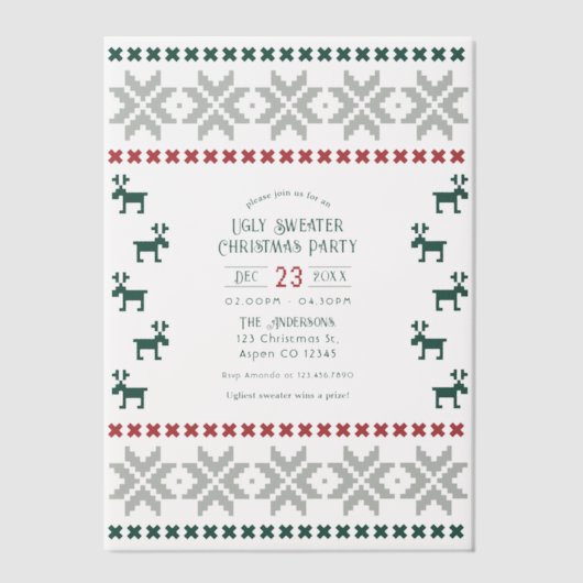 Frosted Spruce Ugly Sweater Christmas Party Vellum Uitnodigingen (Voorkant)