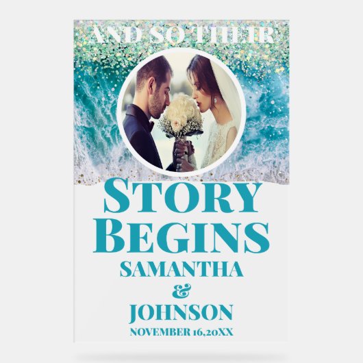 Frosted verhaal begint Beach Wedding Welkom Acryl Bord (Voorkant)