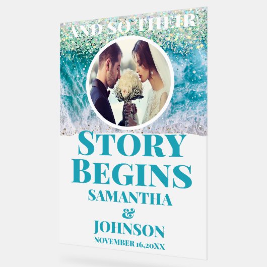 Frosted verhaal begint Beach Wedding Welkom Acryl Bord (Hoek)