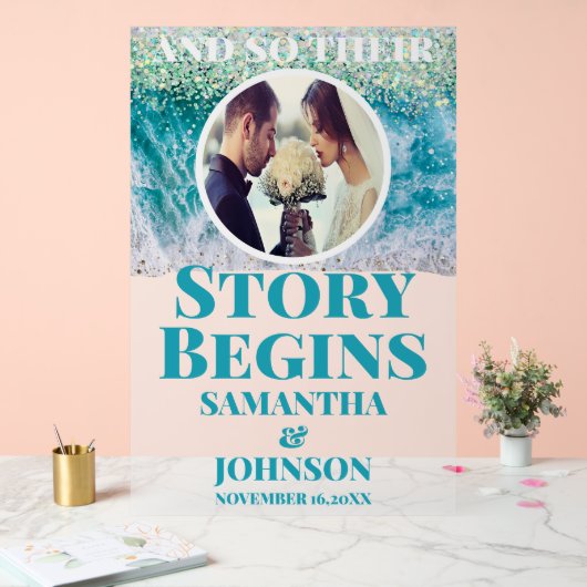 Frosted verhaal begint Beach Wedding Welkom Acryl Bord (Huwelijk)