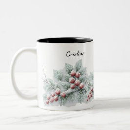 Frosted Winter Berry and Spruce Botanical Holiday  Tweekleurige Koffiemok