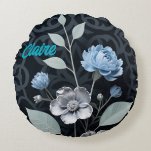 Frosted Winter Bloemen, Icy Blauw & Zilver Patroon Rond Kussen