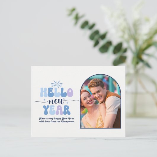 Frostlight Retro New Year Retro Modern Blue Photo Feestdagenkaart (Staand voorkant)