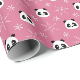 Frosty Berry Pink - Schattigee panda's met sneeuwv Cadeaupapier