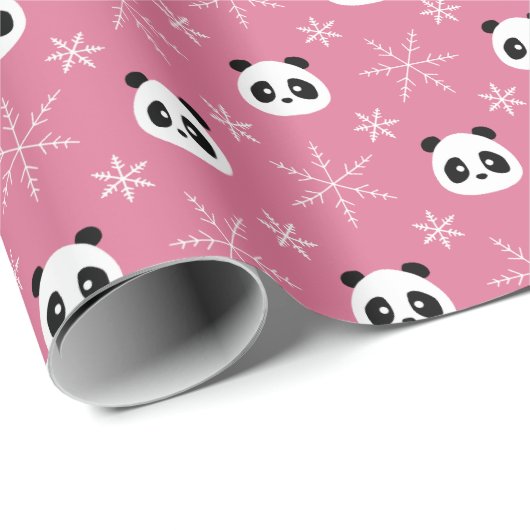 Frosty Berry Pink - Schattigee panda's met sneeuwv Cadeaupapier (Rol Hoek)