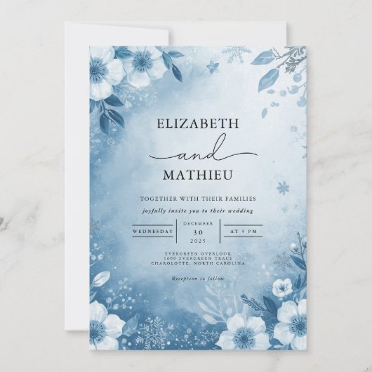 Frosty Blue Bloom Wedding Kaart (Voorkant)