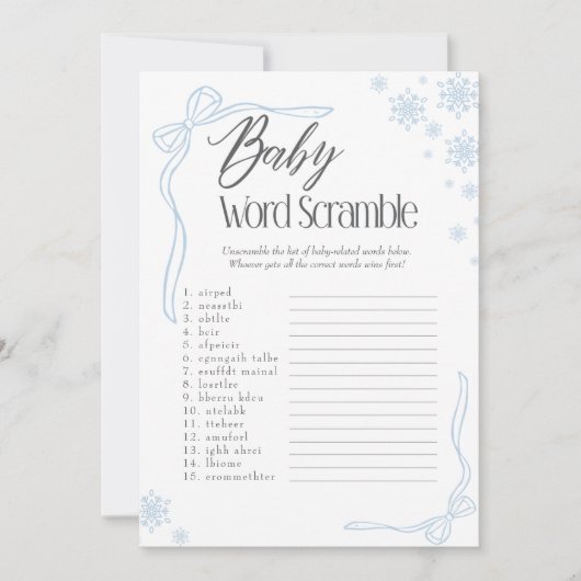 Frosty Blue Bow Baby Word Scramble spel Kaart (Voorkant)