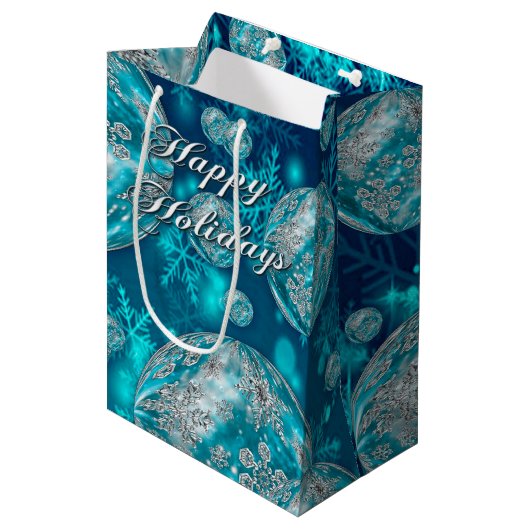 Frosty Blue Snowflake Bubbles Holiday Gift Bag Medium Cadeauzakje (Voorkant Gekanteld)