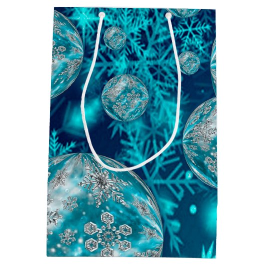 Frosty Blue Snowflake Bubbles Holiday Medium Cadeauzakje (Achterkant)