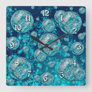 Frosty Blue Snowflake Bubbles Square Wall klok