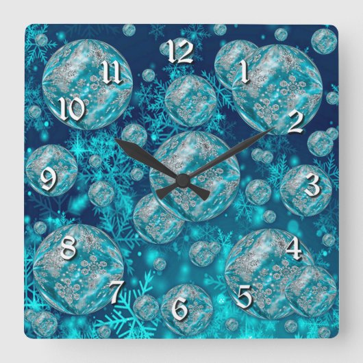 Frosty Blue Snowflake Bubbles Square Wall klok (Voorkant)