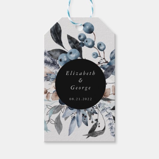 Frosty Blue Winter Bloemen Monogram Bruiloft Cadeaulabel (Voorkant)