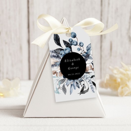 Frosty Blue Winter Bloemen Monogram Bruiloft Cadeaulabel