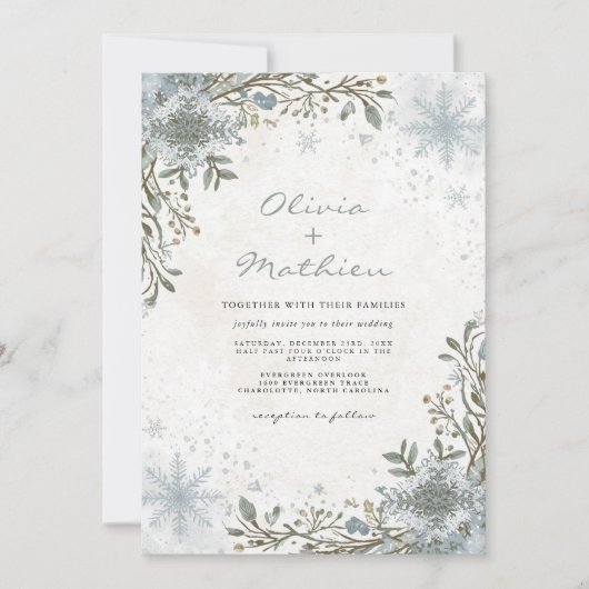 Frosty Blue Winter Botanical Floral Wedding Kaart (Voorkant)
