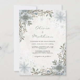 Frosty Blue Winter Botanical Floral Wedding Kaart