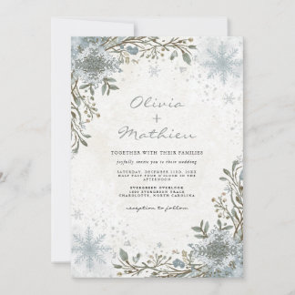 Frosty Blue Winter Botanical Floral Wedding Kaart