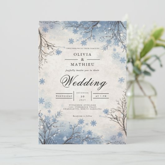 Frosty Blue Winter Branch Wedding Kaart (Staand voorkant)