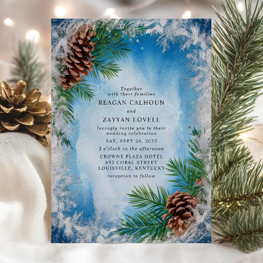 Frosty Blue Winter Pinecone Wedding Kaart
