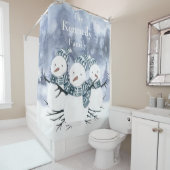 Frosty Blue Winter Snowmen Family Shower Curtain Douchegordijn (In situ)