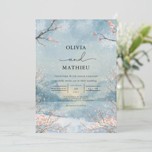 Frosty Branch Botanical Wedding Kaart (Staand voorkant)