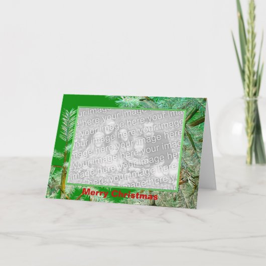 Frosty Christmas Pine Branches op Groene foto Feestdagen Kaart (Voorkant)