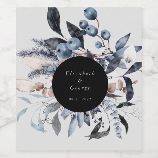 Frosty Dusty Blue Winter Floral Monogram Bruiloft Wijn Etiket (Enkel label)