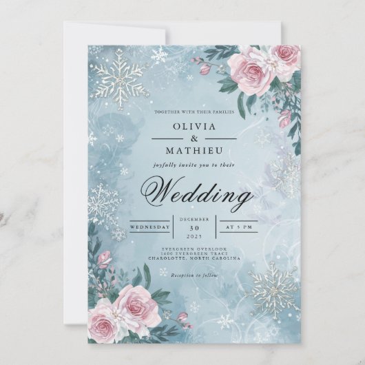 Frosty Floral Winter Scene Wedding Kaart (Voorkant)