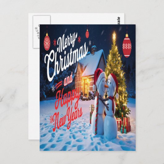 Frosty Friends: Sneeuwman en Kerstboom Dans Briefkaart (Voorkant / Achterkant)