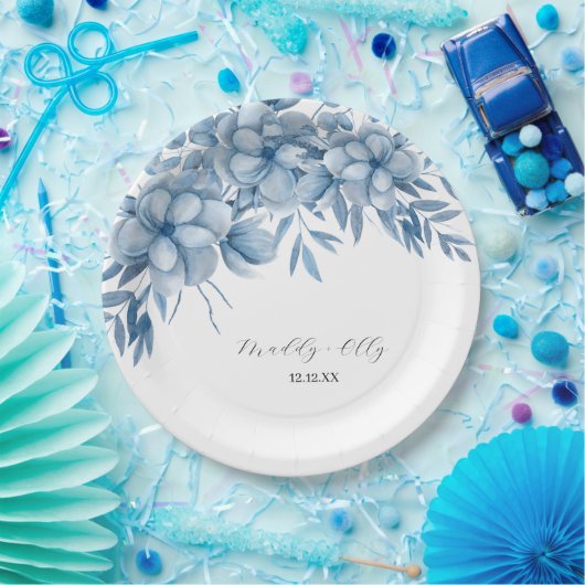 Frosty Grey Blue Floral Wedding Papieren Bordje (Feest)